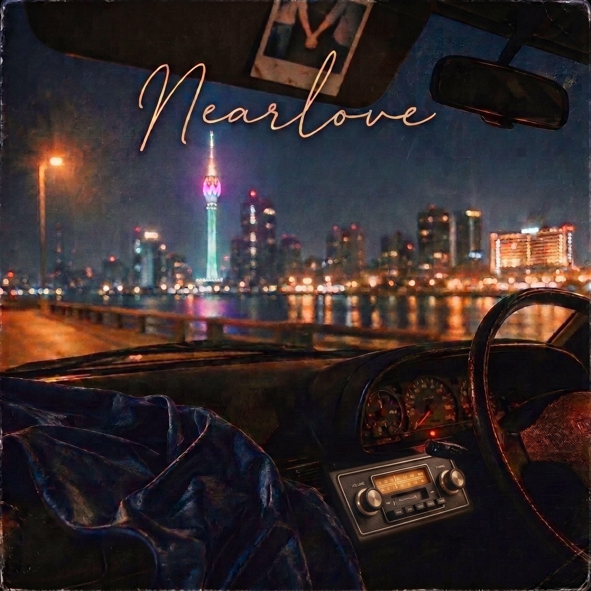 Near Love — Official Single Cover Art. A late-night Colombo cityscape viewed from inside a vintage car, with the word Nearlove written in script across the top.